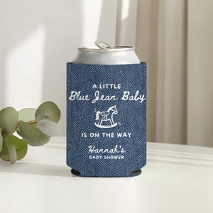 Custom Blue Jean Baby Denim Style Can Cozie, Western Baby Shower Party, Blue Jean Baby Shower Favors, Cowgirl Cowboy on the Way Drink Cooler image 3