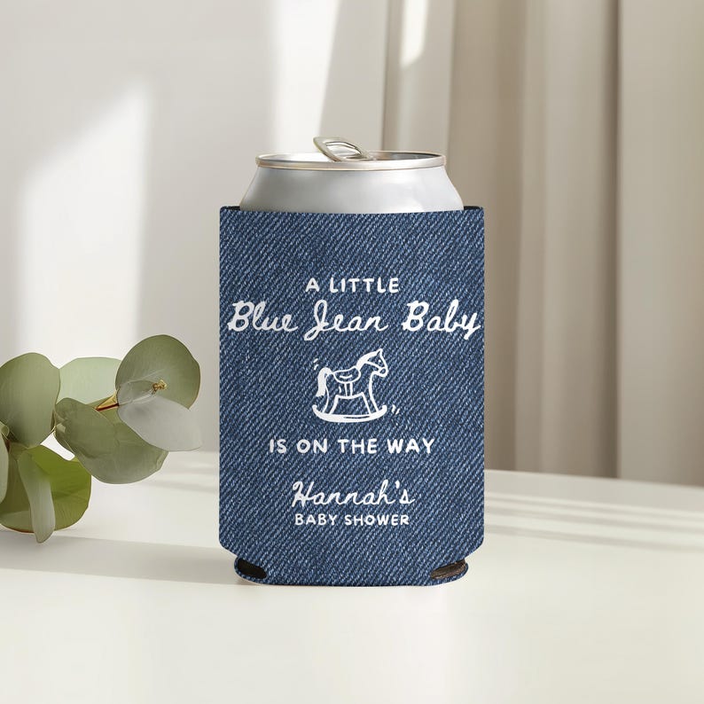Custom Blue Jean Baby Denim Style Can Cozie, Western Baby Shower Party, Blue Jean Baby Shower Favors, Cowgirl Cowboy on the Way Drink Cooler image 3