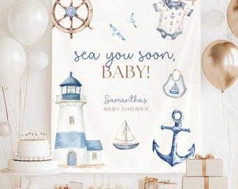 Decoraciones para baby shower con temática náutica, pancarta para fiesta de baby shower con temática de océano profundo, fondo fotográfico para baby shower "Sea You Soon"