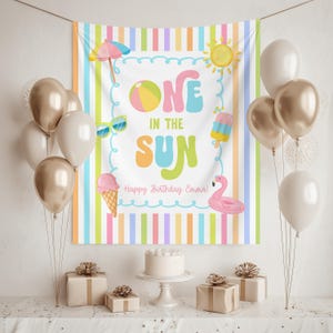 One in the Sun 1st Birthday Fabric Banner, Pool Party Kids Beach Birthday Name Backdrop, Custom 1st Birthday Girl Smash Cake Backdrop image 4