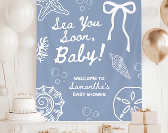 Blue Sea You Soon Baby Shower Decorations, Deep Sea Ocean Adventure Themed Baby Shower Party Banner, Seashell Baby Sprinkle Photo Background