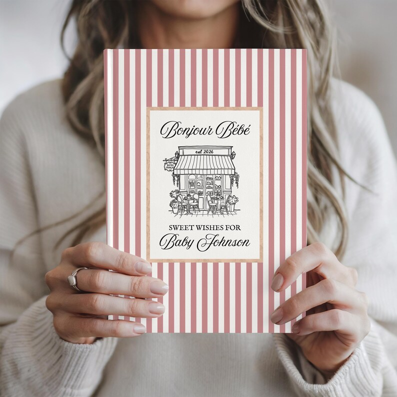 Livro de recordações personalizado do chá de bebê Bonjour Bebe Cafe, livro de visitas estilo francês preppy para chá de bebê, livro de memórias com os melhores desejos para o bebê em Paris, diário de gravidez imagem 10