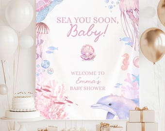 Decoraciones para Baby Shower "Nos vemos pronto", Banner para Baby Shower con temática de Aventura en las Profundidades del Océano, Fondo para fotos de Baby Shower con temática de conchas marinas