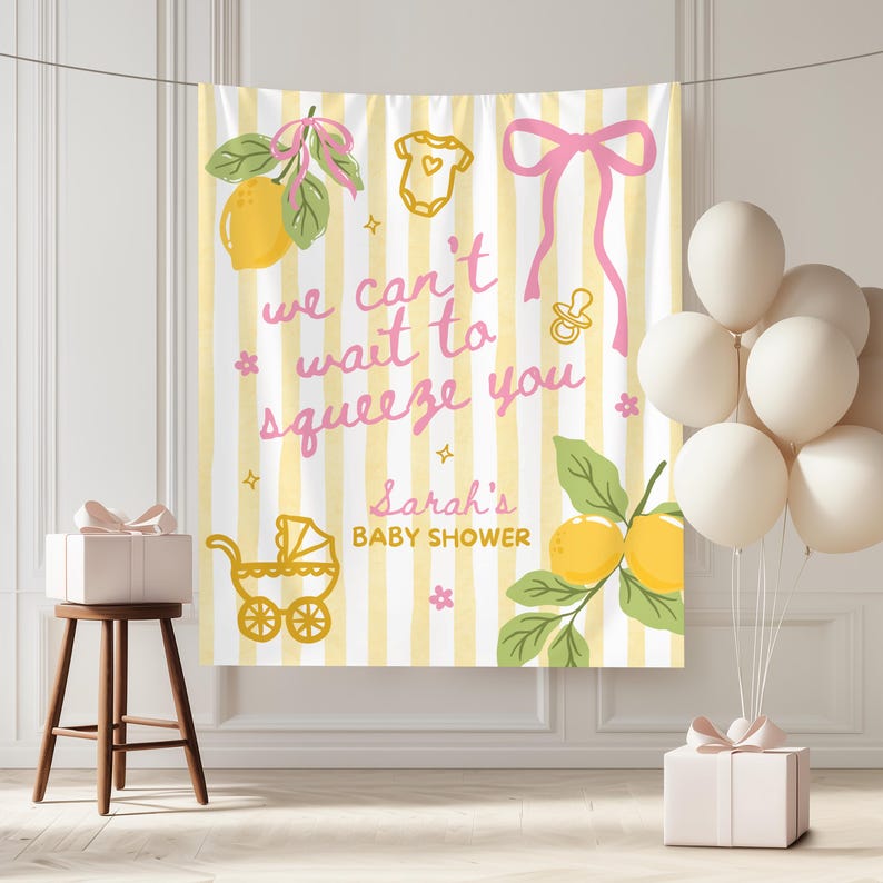 Kundenspezifische Zitronen-Babyparty-Kulisse, italienisches Zitronen-Zitrusfrucht-Party-Zeichen, Sommermarkt-Baby-Fahne, lokal gewachsener besprühen Hintergrund Bild 5