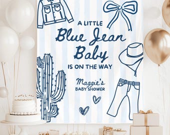 Toile de fond de fête de baby shower bleu jean, bannière de shower de bébé sur le thème cowboy ou cow-girl, arrière-plan photo saupoudré pour bébé Western en denim