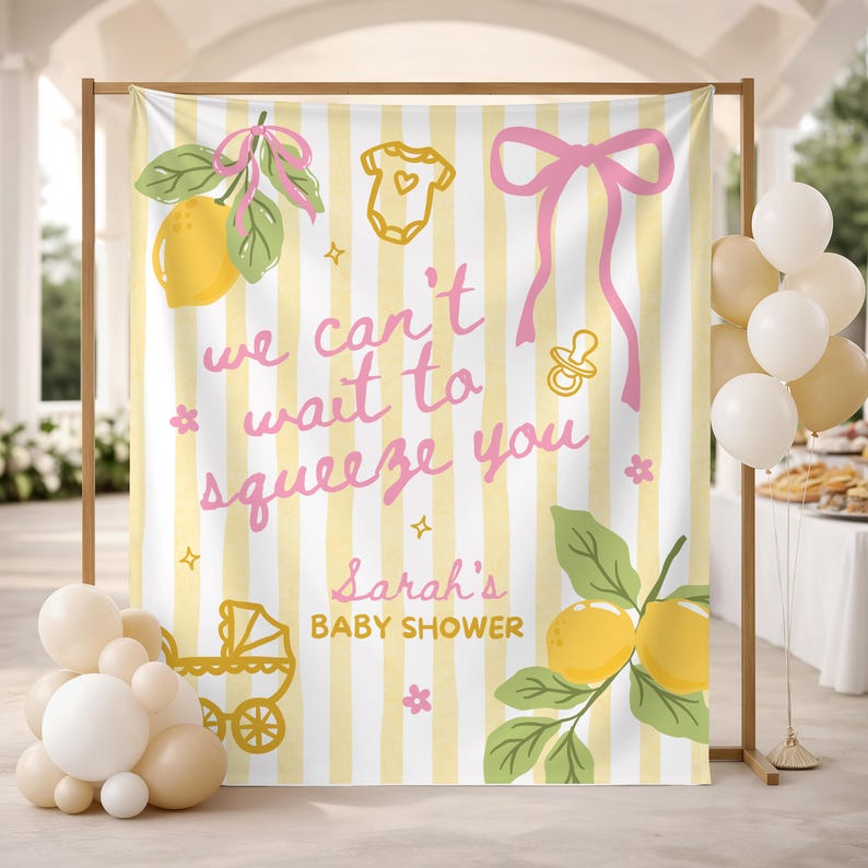 Kundenspezifische Zitronen-Babyparty-Kulisse, italienisches Zitronen-Zitrusfrucht-Party-Zeichen, Sommermarkt-Baby-Fahne, lokal gewachsener besprühen Hintergrund Bild 3