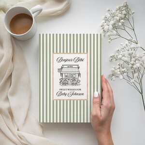 Livro de recordações personalizado do chá de bebê Bonjour Bebe Cafe, livro de visitas estilo francês preppy para chá de bebê, livro de memórias com os melhores desejos para o bebê em Paris, diário de gravidez imagem 15