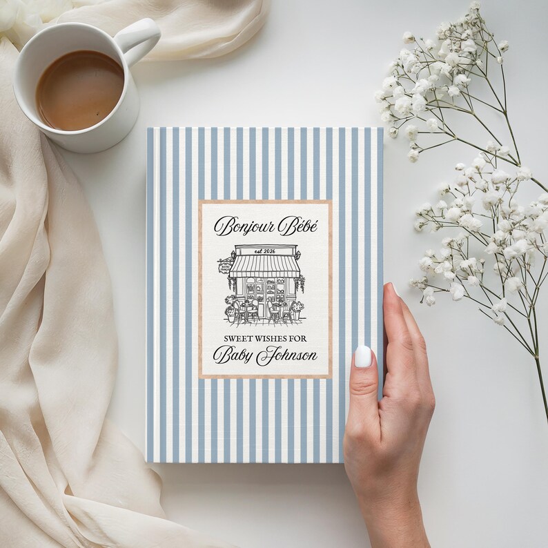 Livro de recordações personalizado do chá de bebê Bonjour Bebe Cafe, livro de visitas estilo francês preppy para chá de bebê, livro de memórias com os melhores desejos para o bebê em Paris, diário de gravidez imagem 12