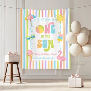 One in the Sun 1st Birthday Fabric Banner, Pool Party Kids Beach Birthday Name Backdrop, Custom 1st Birthday Girl Smash Cake Backdrop image 3