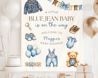Toile de fond de fête de baby shower bleu jean, bannière de shower de bébé sur le thème cowboy ou cow-girl, arrière-plan photo saupoudré pour bébé Western en denim