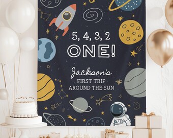 First Trip Around the Sun Astronaut Birthday Party Banner, Adventure Awaits Moon Decor, 1st Birthday Party Sign, Space Birthday Backdrop