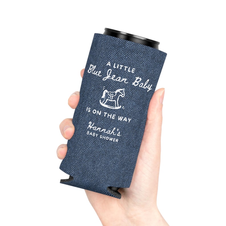 Custom Blue Jean Baby Denim Style Can Cozie, Western Baby Shower Party, Blue Jean Baby Shower Favors, Cowgirl Cowboy on the Way Drink Cooler image 12
