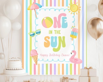 One in the Sun 1st Birthday Fabric Banner, Pool Party Kids Beach Birthday Name Backdrop, Custom 1st Birthday Girl Smash Cake Backdrop