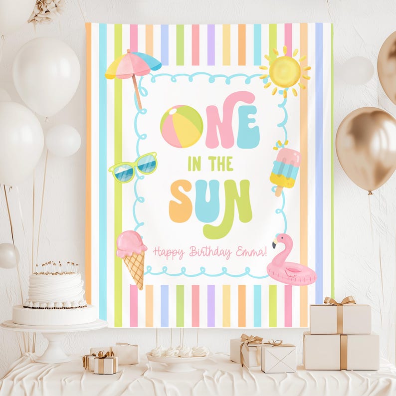 One in the Sun 1st Birthday Fabric Banner, Pool Party Kids Beach Birthday Name Backdrop, Custom 1st Birthday Girl Smash Cake Backdrop image 1