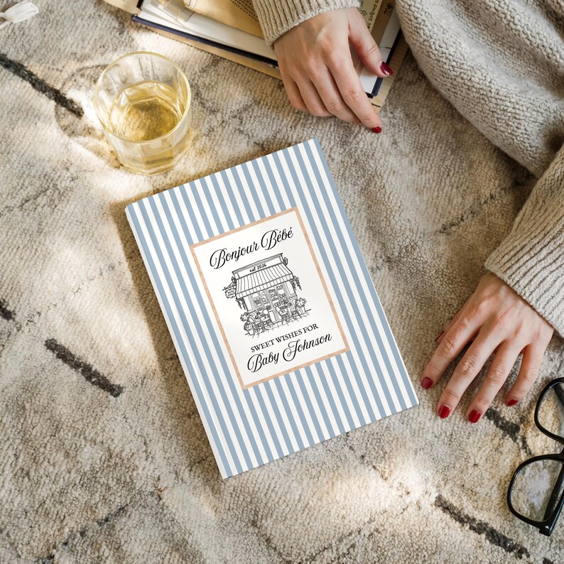 Livro de recordações personalizado do chá de bebê Bonjour Bebe Cafe, livro de visitas estilo francês preppy para chá de bebê, livro de memórias com os melhores desejos para o bebê em Paris, diário de gravidez imagem 3