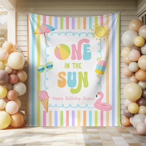 One in the Sun 1st Birthday Fabric Banner, Pool Party Kids Beach Birthday Name Backdrop, Custom 1st Birthday Girl Smash Cake Backdrop image 11
