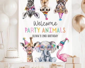May include: A white banner with the text "Welcome PARTY ANIMALS" and "OLIVIA'S 2ND BIRTHDAY". The banner features illustrations of party animals, including a zebra, meerkat, leopard, giraffe, elephant, and flamingo, all wearing party hats and glasses.