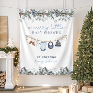 Merry Little Snow Baby Shower Party Backdrop, Christmas Winter Themed Baby Shower Banner, Snow Baby Sprinkle Photo Background