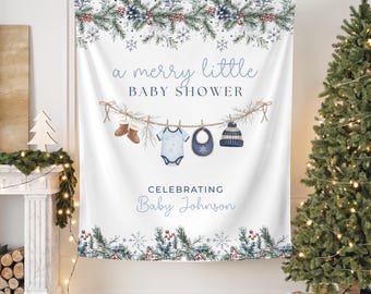 Merry Little Snow Baby Shower Party Backdrop, Christmas Winter Themed Baby Shower Banner, Snow Baby Sprinkle Photo Background