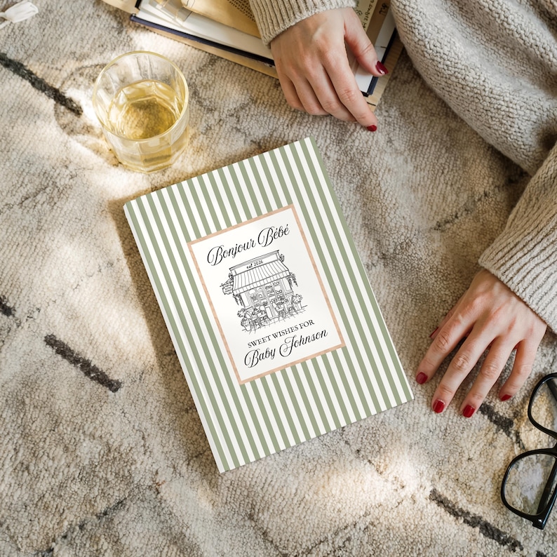 Livro de recordações personalizado do chá de bebê Bonjour Bebe Cafe, livro de visitas estilo francês preppy para chá de bebê, livro de memórias com os melhores desejos para o bebê em Paris, diário de gravidez imagem 4
