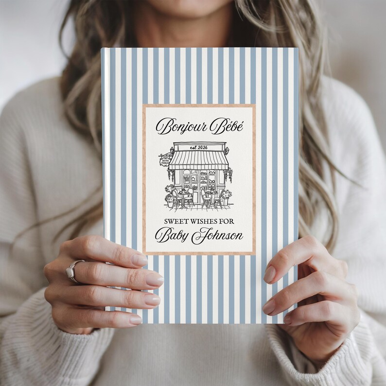Livro de recordações personalizado do chá de bebê Bonjour Bebe Cafe, livro de visitas estilo francês preppy para chá de bebê, livro de memórias com os melhores desejos para o bebê em Paris, diário de gravidez imagem 13