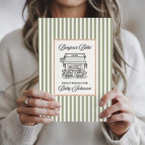 Livro de recordações personalizado do chá de bebê Bonjour Bebe Cafe, livro de visitas estilo francês preppy para chá de bebê, livro de memórias com os melhores desejos para o bebê em Paris, diário de gravidez imagem 14