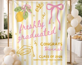 ORIGINAL ARTIST Custom Freshly Graduated Banner, 2026 Graduation Backdrop, Graduation Party Decoration, Class of 2026 Grad Party Sign