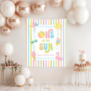 One in the Sun 1st Birthday Fabric Banner, Pool Party Kids Beach Birthday Name Backdrop, Custom 1st Birthday Girl Smash Cake Backdrop image 12