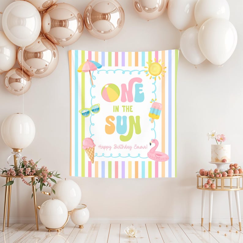 One in the Sun 1st Birthday Fabric Banner, Pool Party Kids Beach Birthday Name Backdrop, Custom 1st Birthday Girl Smash Cake Backdrop image 12