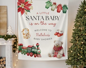Merry Little Santa Baby Shower Party Backdrop, Christmas Baby Shower Decor Banner, Winter Baby Sprinkle Photo Background