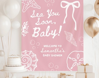 Pink Sea You Soon Baby Shower Decorations, Deep Sea Ocean Adventure Themed Baby Shower Party Banner, Seashell Baby Sprinkle Photo Background