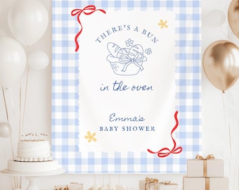 Personalized Bun in the Oven Baby Shower Decorations, Sourdough Baby Shower Party Banner, Gingham Baby Girl Sprinkle Photo Background