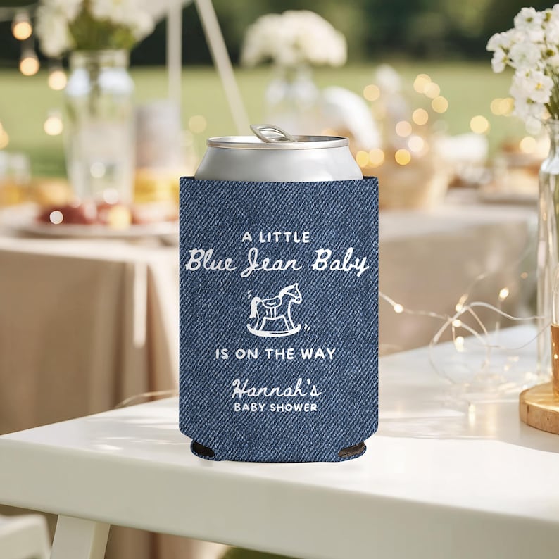 Custom Blue Jean Baby Denim Style Can Cozie, Western Baby Shower Party, Blue Jean Baby Shower Favors, Cowgirl Cowboy on the Way Drink Cooler image 1
