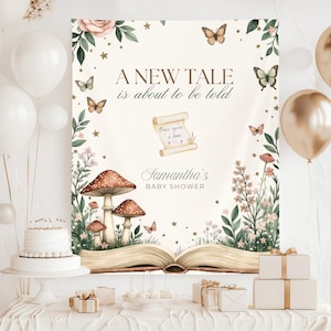 Babyshowerdekorationer med ett nytt kapitel, rustikt sagobokstema babyshowerbanderoll, bakgrund för foto av blommigt spröjs med skogsmark
