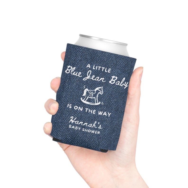 Custom Blue Jean Baby Denim Style Can Cozie, Western Baby Shower Party, Blue Jean Baby Shower Favors, Cowgirl Cowboy on the Way Drink Cooler image 5