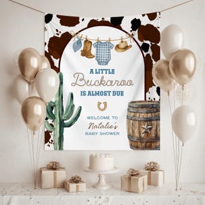 Painel de fundo para chá de bebê com tema de cowboy "Little Buckaroo is Come", banner para chá de bebê com tema de bebê de calça jeans, fundo para fotos de chá de bebê com tema faroeste em jeans.