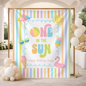 One in the Sun 1st Birthday Fabric Banner, Pool Party Kids Beach Birthday Name Backdrop, Custom 1st Birthday Girl Smash Cake Backdrop image 2