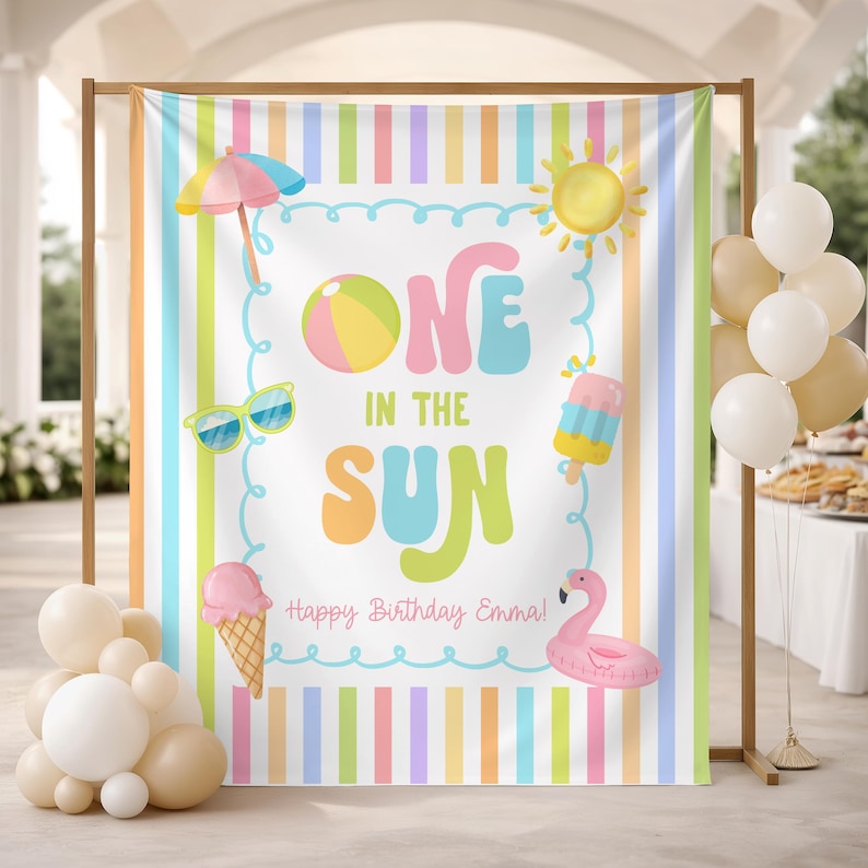 One in the Sun 1st Birthday Fabric Banner, Pool Party Kids Beach Birthday Name Backdrop, Custom 1st Birthday Girl Smash Cake Backdrop image 2