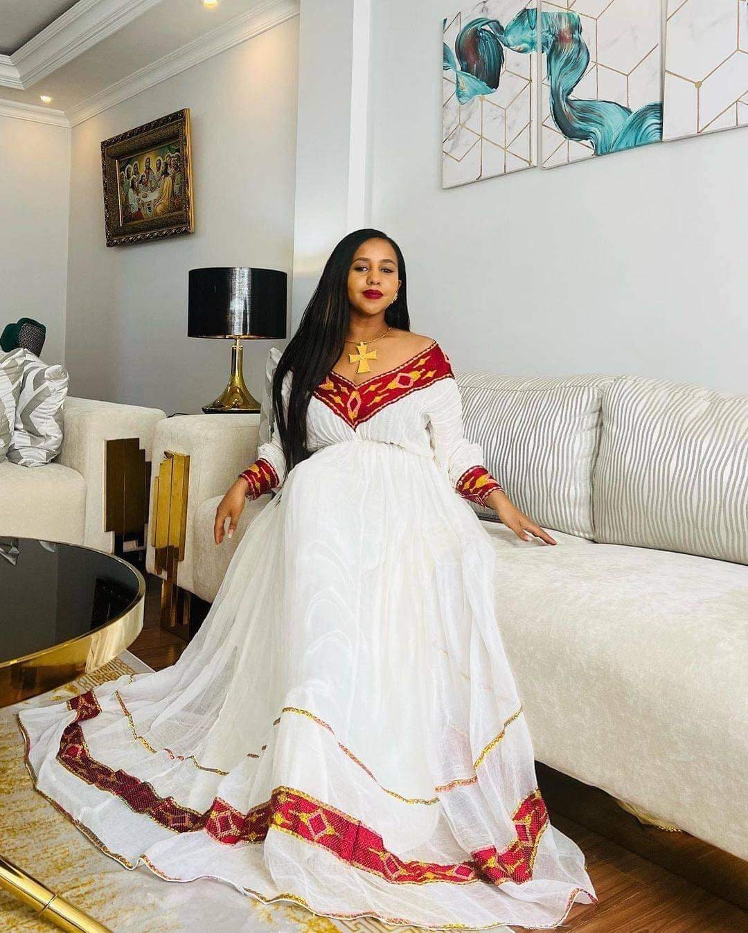 Pretty Red Menen Habesha Traditional Dress ethiopian Traditional