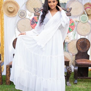 White in white chiffon /habesha kemis / Ethiopian dress / eritrean dress /