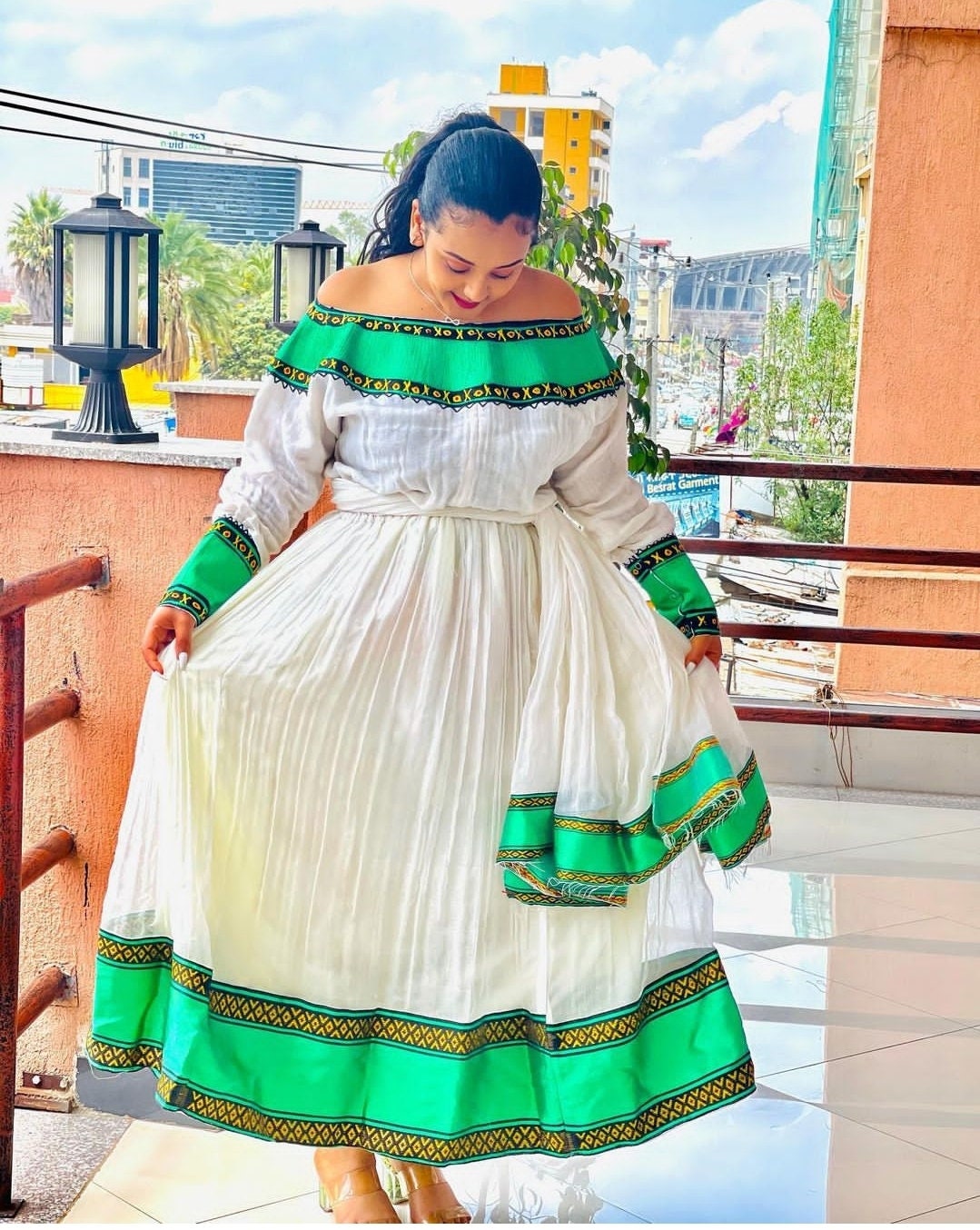 habesha dress green Green Habesha Kemis – Hand-Embroidered Traditional Wedding Dress for M