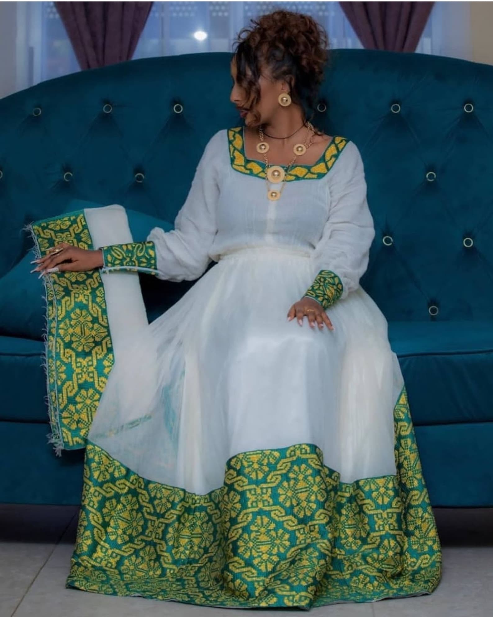 Green Habesha Libs – Luxurious Ethiopian Traditional Dress for Bridal and Formal Ceremonies