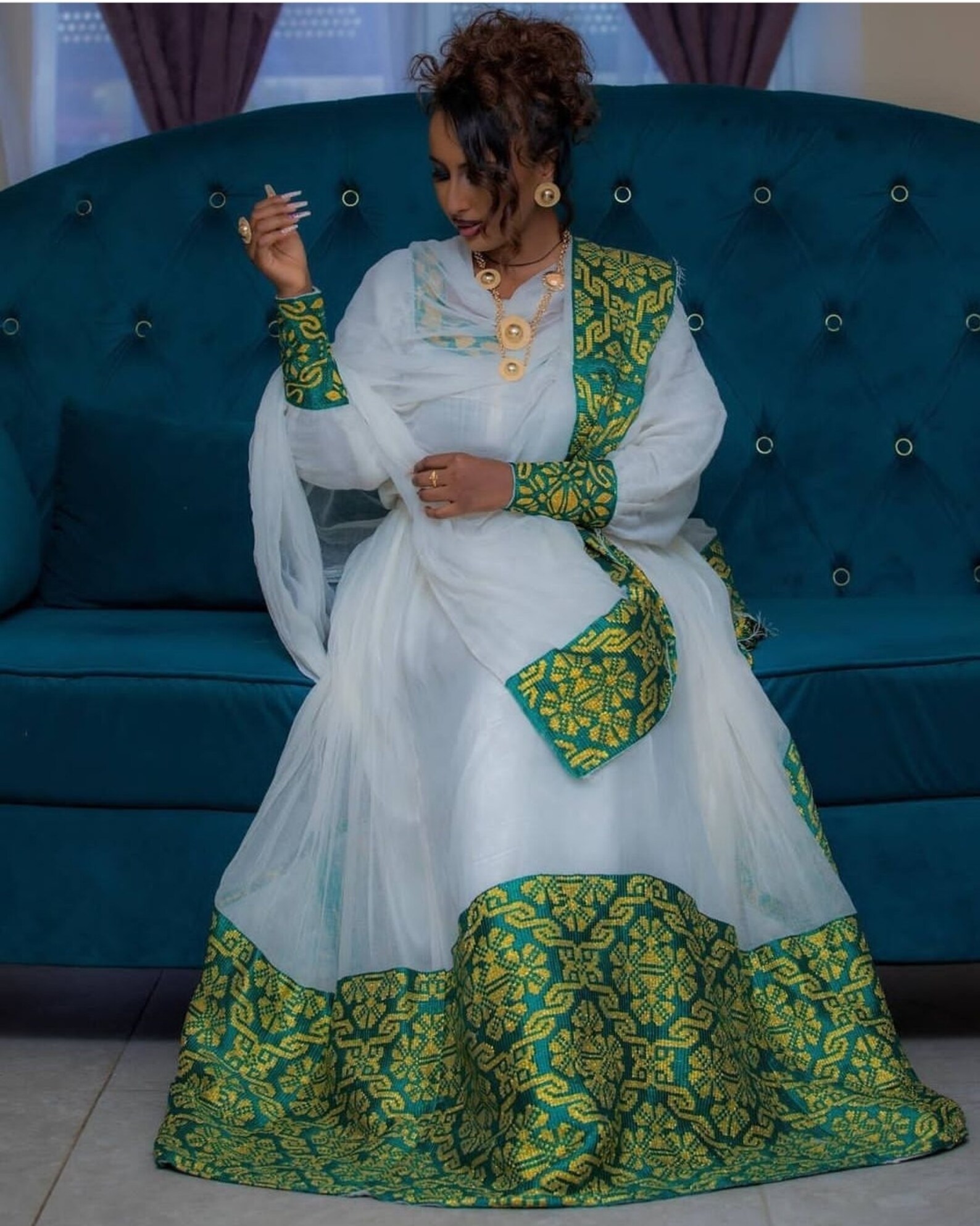 Elegant Habesha Graduation Attire - Modern Green Zuria habesha Dress for women main image 1
