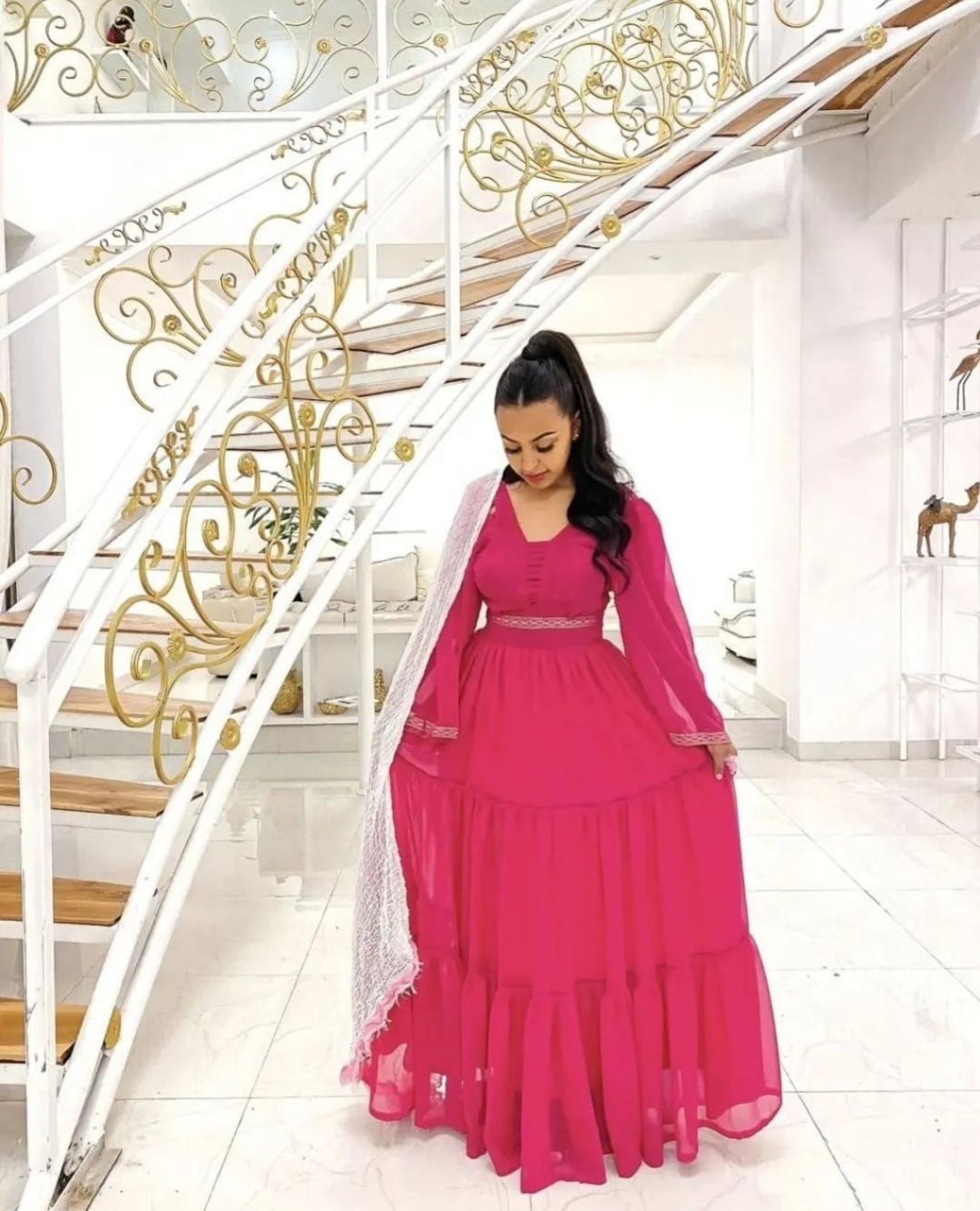 Pink Chiffon/ethiopian and Eritrean Traditional Habesha Dress