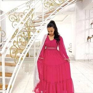 Pink chiffon/Ethiopian and Eritrean traditional habesha dress