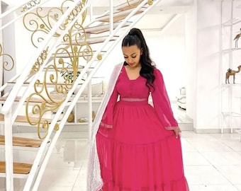 Pink chiffon/Ethiopian and Eritrean traditional habesha dress