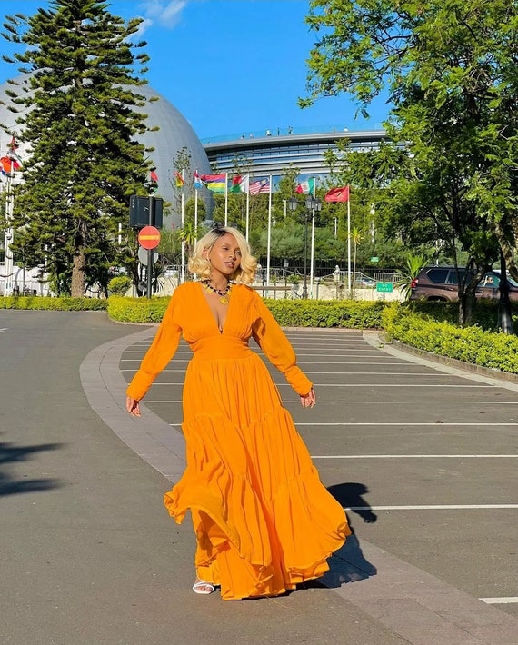 white christmas dresses Classic Long Sleeve Yellow Chiffon Dress