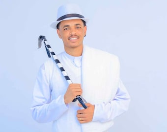 HABESHA MENS complete shirt with netela ,traditional stick and Hat