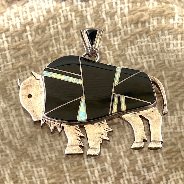 Calvin Begay Signed Sterling Silver Buffalo Pendant with Jet and Opal Inlays
