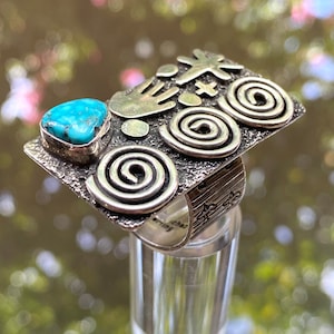Alex Sanchez Signed Sterling Silver Ring with Turquoise Accent Stone